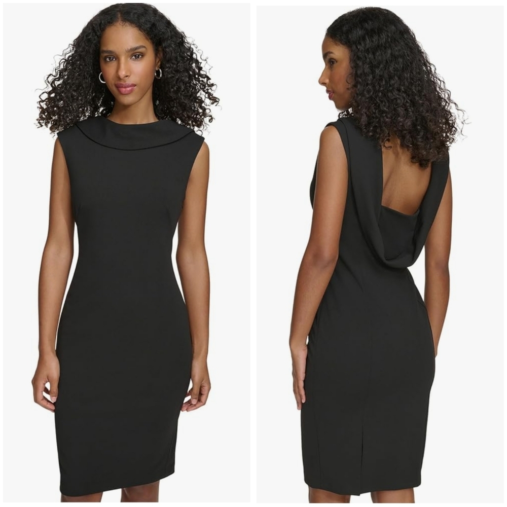 NWT Calvin Klein Cowl Back Black Sleeveless Sheath Dress, Sz 10